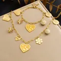 Gold-plated paperclip chain jewelry set with heart and evil eye enamel pendants - B2076+N4136 2-Piece Set