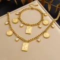 Gold plated Cuban chain set with heart crystals and Elizabeth II coin charms - B2078+N4138 2-Piece Set