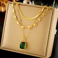 Three-layer gold stainless steel necklace with green emerald pendant and heart chain - Three Layer Green Square Gem (N2062)
