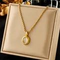 Golden multi-layer chain necklace with oval white cat eye stone pendant in vintage style - Gold Rope White Cat Eye (N2247)