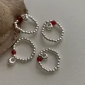 S925 silver beaded rings with red agate and small heart pendants for women - Elastic Adjustable / Steelyard Weight Pendant Style / Silver With Red Agate