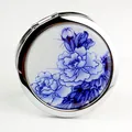 Miroir de maquillage pliable en argent avec motif de pivoine en porcelaine bleue et blanche - Pivoine Bleue Et Blanche