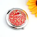 Vintage silver folding pocket mirror with red peacock enamel and rhinestone inlay - Peacock Pattern - Silver