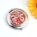 Silver vintage round folding pocket mirror with dragonfly carving and red crystals - Dragonfly Pattern - Silver