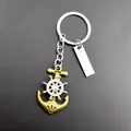 Vintage brass anchor and silver spinning ship wheel keychain with customizable metal tag - With Rectangular Tag / Bronze
