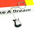 Electric guitar keychain with black and white enamel finish on silver metal ring - Black