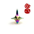 Rainbow metal spinning top for stress relief with chrome finish and red dice accessories - Iridescent And Dice