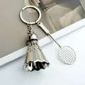 Metal badminton and racket keychain pendant in silver finish with realistic texture - Large Metal Badminton (A-075)