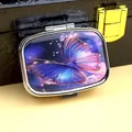 Portable metal pill box featuring a vibrant purple and pink butterfly design on the lid - Rectangle / Purple Butterfly