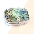Portable metal pill box with colorful hummingbird and floral print on silver rectangular case - Hummingbird Pattern