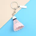 Pink badminton shuttlecock keychain with silver metal ring and engravable tag - Pink with Long Tag Style (A-006)