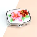 Mini portable pill box with silver metal frame and white lily flower floral print - Lily Pattern