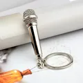 Miniature silver microphone keychain with realistic mesh detail on creative metal ring - Silver