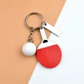 Sports keychain with red mini table tennis paddle, ball, and silver metal tag - Red Pendant With Metal Tag Style
