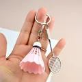 Creative badminton racket keychain with pink shuttlecock and silver alloy ring - Basic Style / Pink