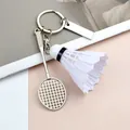 Miniature badminton racket and shuttlecock keychain in silver and white finish - With Blank Tag / White