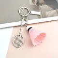 Creative badminton racket keychain featuring a pink shuttlecock and engravable metal tag - With Blank Tag / Pink