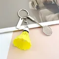 Badminton racket keychain with yellow shuttlecock and engravable metal tag on ring - With Blank Tag / Yellow