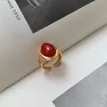 Vintage S925 silver gold-plated ring with oval red agate and adjustable open band - Adjustable Open / Gold Style