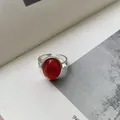S925 sterling silver ring with oval red agate stone and adjustable open band design - Adjustable Open / Silver Style