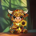 Tiffany style Highland cow night light statue with sunflower and warm LED glow - Colorful / Button Battery Powered