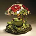 Vintage Tiffany style stained glass table lamp with green frog resin base and red flowers - USB Switch Style / Frog Flower Design