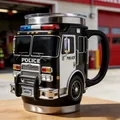 Taza creativa de coche de policía con borde de acero y asa en forma de rueda - Taza de rescate de coche de policía