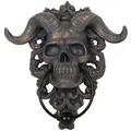 Gothic resin ram skull door knocker with spiral horns and black metal ring on white background - Large Ram Head