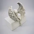 Resin angel statue with detailed wings resting on base, antique white garden home decor - Kneeling Pensive Angel