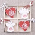 Set of Christmas wooden ornaments with red hearts and white angels in a wooden box - Red Heart And White Angel