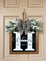 Personalized wooden door hanger with letter, welcome text, bow and greenery - Letter H