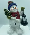 Miniature resin snowman figurine with red scarf, Christmas tree and vintage black lantern - Snowman No. 3