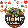 Letrero HOME de madera con luces, iconos estacionales y lazo de cuadros rústico - Estilo LED Color Madera Natural