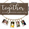 Rustic brown wooden photo holder with Together quote and hanging clips for wall decor - Together Slogan