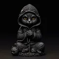 Macro detail of hooded resin black cat figurine with intricate patterns and yellow eyes - Monk Cat with Beads