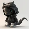 Close-up of punk style black dragon figurine in a textured hoodie and white sneakers - Black
