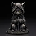 Halloween Schwarze Katze Assassinen-Figur aus Harz mit Kapuzenumhang und Dolch - Attentäterkatze mit Schwert