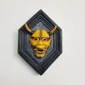Japanese Hannya mask wall plaque decoration with golden horns and black hexagonal frame - Ginger Yellow