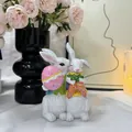 Easter resin bunny figurines with pink egg and carrot for rustic home interior decor - Couple Rabbits