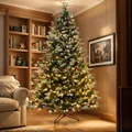 Árbol de Navidad nevado con bayas rojas y luces LED cálidas sobre soporte de metal - Tamaño Pequeño (Con Luces)