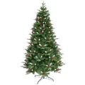 Lush green Christmas tree with red berries, snowy pinecones, and stable metal stand - 120cm