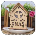 Wooden Christmas LED house ornament with laser-cut angel pattern and XMAS text - Wooden Angel Style