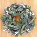 Eucalyptus Christmas wreath with pine needles and purple flowers on wood background - 40 cm / Natural Forest Green