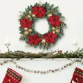 Christmas wreath with red poinsettias and gold ornaments against a festive fireplace - Christmas Red Flower Gold Ball Style / 50cm / Red