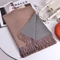 Detail of soft winter pashmina scarf with elegant tassels and camel gray color blocking - 200cm / Shrimp Color