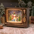 Retro TV Christmas snow globe lantern with snowman and glowing LED light effect - Gold Brushed TV Snowman Static (A-41)