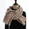 Detail of classic houndstooth scarf with tassels in brown and beige colors - Houndstooth Khaki