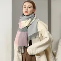 Elegant women's wool blend scarf with geometric color block patterns and fringe edge - Grey Pink