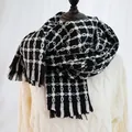 Elegant black and white houndstooth plaid scarf with soft fringe for winter warmth - 190cm / Black & White Plaid