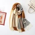 Plaid cashmere blend scarf in beige, camel, and grey blocks with soft fringe detail - Camel Beige